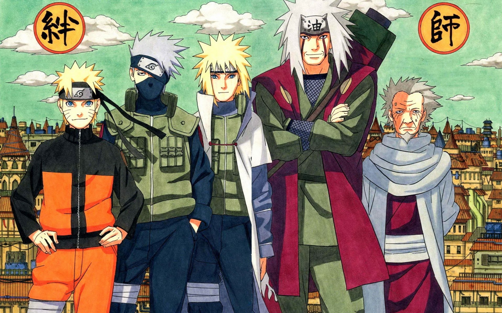 HD desktop wallpaper featuring Naruto Uzumaki, Kakashi Hatake, Minato Namikaze, Jiraiya, and Hiruzen Sarutobi from the anime Naruto, set against a detailed city background.
