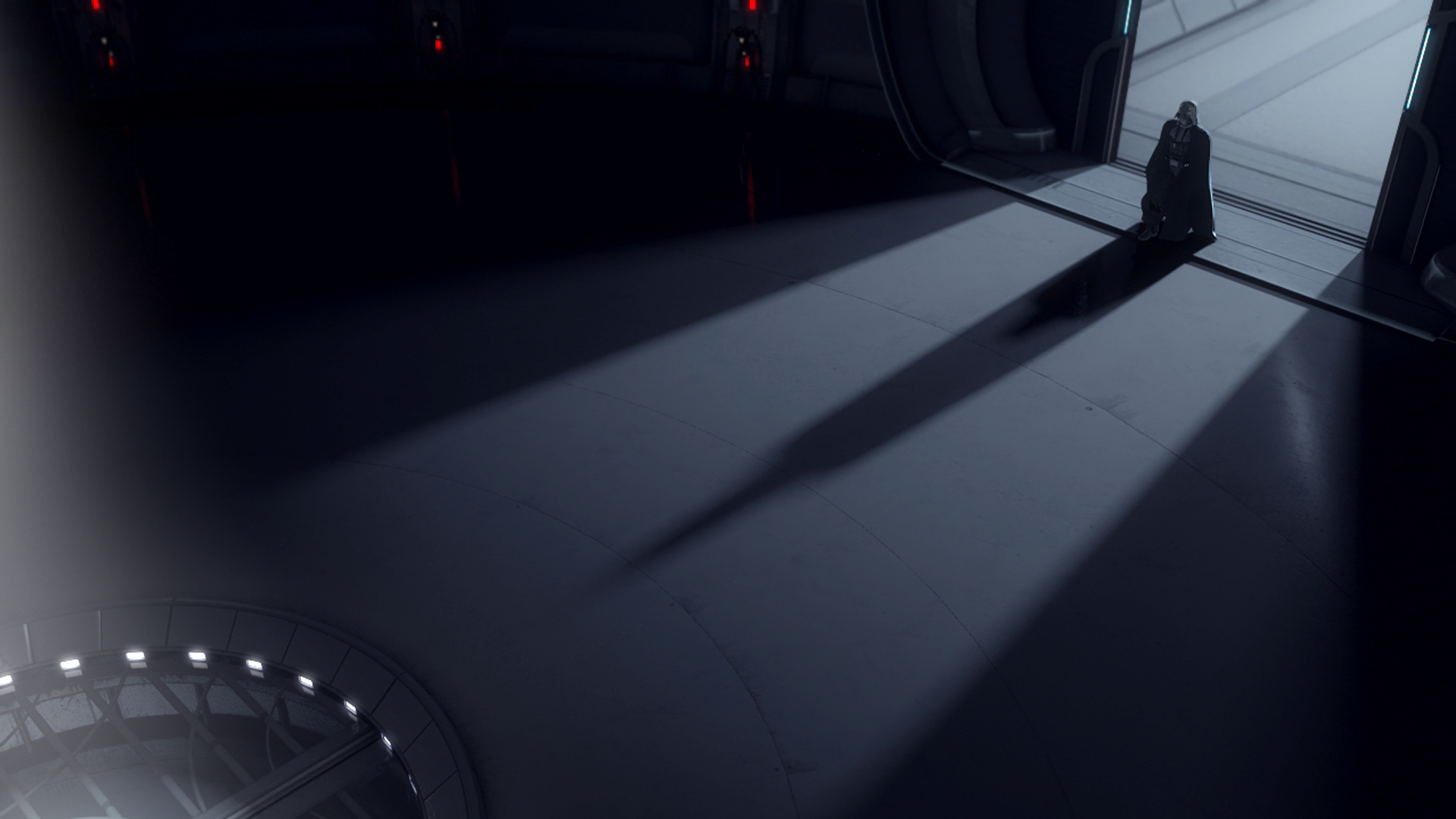 HD PC desktop wallpaper featuring a dramatic scene from the Star Wars movie with a lone figure casting a long shadow against a dark, futuristic backdrop.