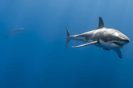 A stunning 4K Ultra HD desktop wallpaper featuring a graceful shark swimming through deep blue water, showcasing the beauty and majesty of marine life.