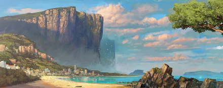 A vibrant HD desktop wallpaper from Just Cause 3, featuring a stunning beach scene with towering cliffs, clear blue water, and a picturesque sky, creating an immersive gaming atmosphere.