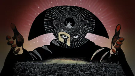 HD PC desktop wallpaper/background from the movie Amadeus: a stylized masked conductor looms over a detailed cityscape, outstretched hands encircling a tiny figure at the center.