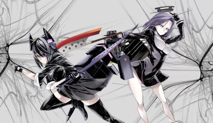 Dynamic HD wallpaper featuring Tatsuta and Tenryuu from Kantai Collection, presented in an engaging anime style with intricate backgrounds and bold colors.