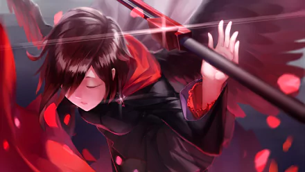 Anime HD wallpaper featuring Ruby Rose from RWBY, surrounded by petals, wielding a weapon with a determined expression, capturing the essence of action and fantasy.
