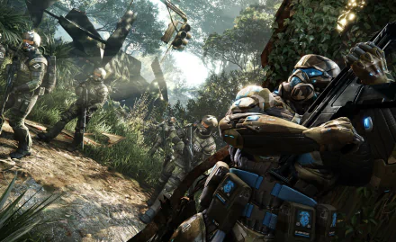 HD PC desktop wallpaper from the video game Crysis 3, featuring futuristic soldiers in high-tech armor navigating a dense jungle battlefield.