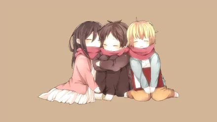 A cute chibi drawing of Mikasa Ackerman, Eren Yeager, and Armin Arlert from Attack on Titan, sitting closely together with scarves covering their mouths, set against a beige background in HD.