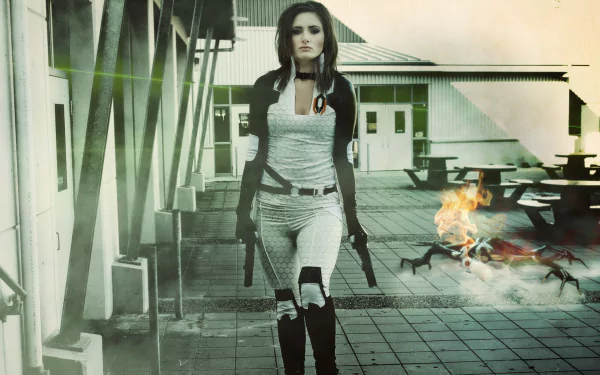 A woman in a striking Miranda Lawson cosplay from Mass Effect confidently walks through a futuristic setting, guns drawn, with a dynamic background of glowing elements.