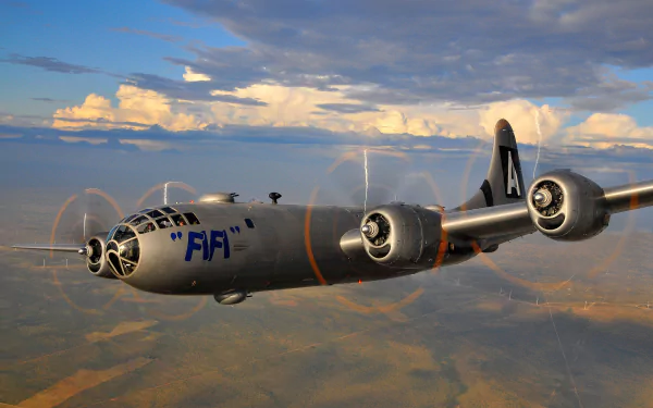 4K Ultra HD desktop wallpaper of a Boeing B-29 Superfortress military aircraft flying under a partly cloudy sky.