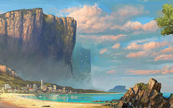 A vibrant HD desktop wallpaper from Just Cause 3, featuring a stunning beach scene with towering cliffs, clear blue water, and a picturesque sky, creating an immersive gaming atmosphere.