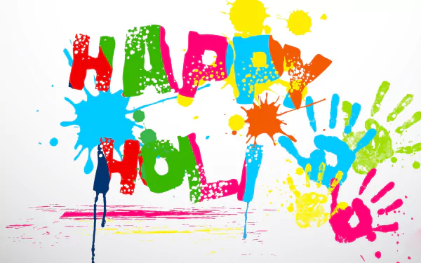 Vibrant HD desktop wallpaper featuring colorful handprints and splashes with Happy Holi text, celebrating the joyful Holi holiday.