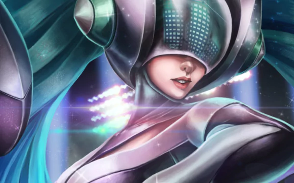 A vibrant HD wallpaper featuring DJ Sona, a character from League of Legends, showcasing her futuristic bodysuit and dynamic energy in a visually striking setting.
