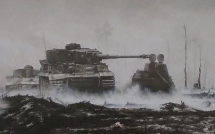 HD military-themed desktop wallpaper depicting a Tiger tank advancing through a foggy, battle-scarred landscape.
