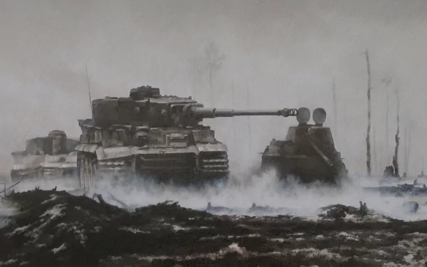 HD military-themed desktop wallpaper depicting a Tiger tank advancing through a foggy, battle-scarred landscape.
