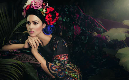 A captivating 4K Ultra HD wallpaper featuring Monica Bellucci adorned in vibrant floral accents, draped against a richly patterned sofa surrounded by lush plant life.