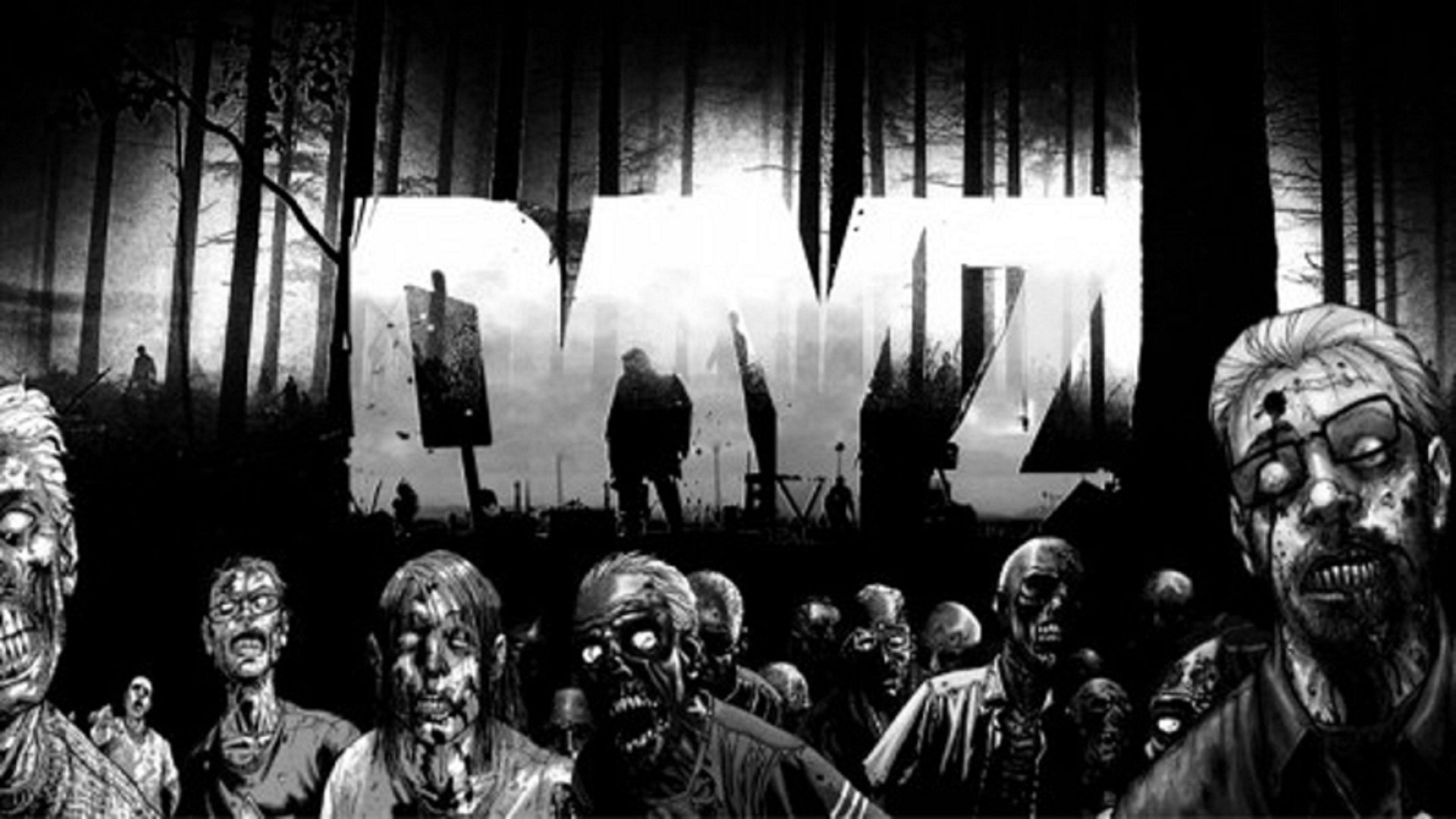 Black-and-white HD PC desktop wallpaper for the video game Arma 2: DayZ Mod: silhouetted survivor before a giant DAYZ logo, surrounded by a horde of undead in a dark forest.
