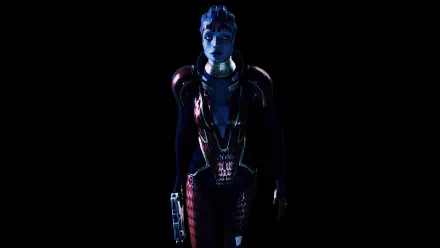 HD PC desktop wallpaper featuring Morinth, a character from the video game Mass Effect, set against a dark background highlighting her detailed armor and glowing eyes.