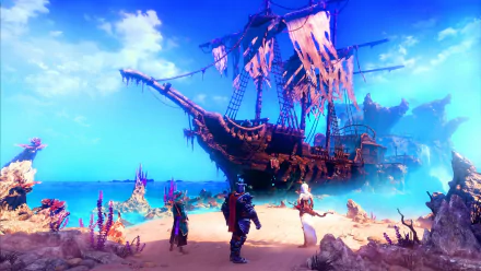 HD PC desktop wallpaper featuring a vibrant scene from the video game Trine 3: The Artifacts of Power, showcasing heroes standing before a large, weathered ship on a bright shore.