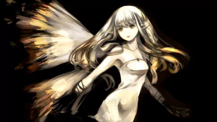 HD PC desktop wallpaper featuring a dark-themed fairy with flowing wings and a white dress, inspired by the video game Bravely Default, set against a dark gaming backdrop.