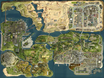HD desktop wallpaper featuring the detailed map of the fictional game world from Grand Theft Auto: San Andreas, showcasing urban, rural, and aquatic areas.