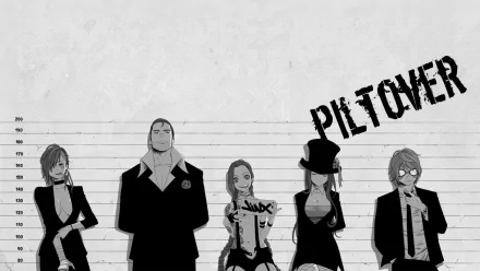 HD desktop wallpaper featuring League of Legends characters Jayce, Ezreal, Caitlyn, Jinx, and Vi in a monochrome lineup with PILTOVER graffiti in the background.