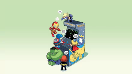 HD desktop wallpaper featuring baby versions of Avengers characters—Captain America, Iron Man, Thor, Hulk, Black Widow, and Hawkeye—in a comic and funny scene around an arcade machine.