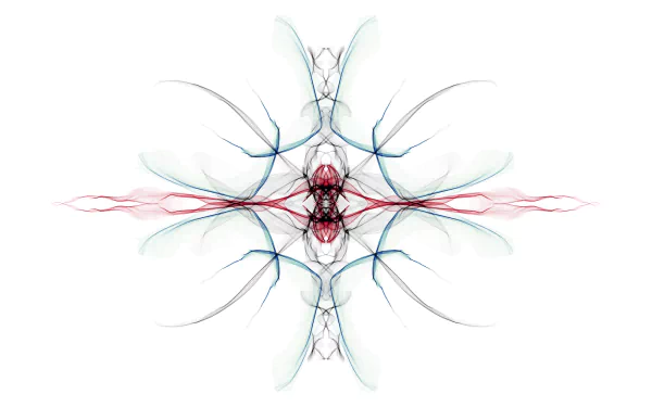 HD abstract generative design featuring symmetrical, delicate lines and shapes in soft red, blue, and black tones on a white background, crafted for a PC desktop wallpaper.