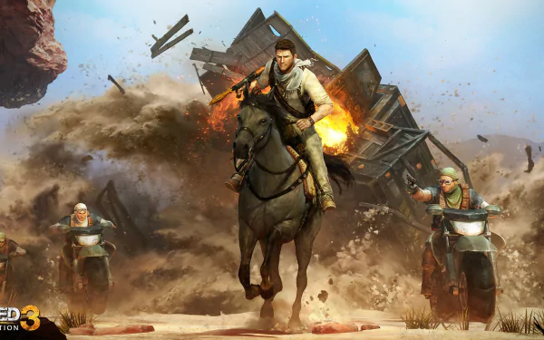 Nathan Drake, from Uncharted 3: Drake's Deception, charges on horseback amidst chaos, with explosions and pursuing enemies, creating a dynamic HD desktop wallpaper.