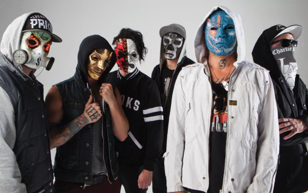 HD PC desktop wallpaper featuring the masked members of Hollywood Undead, capturing the band's distinct music style and visual identity.