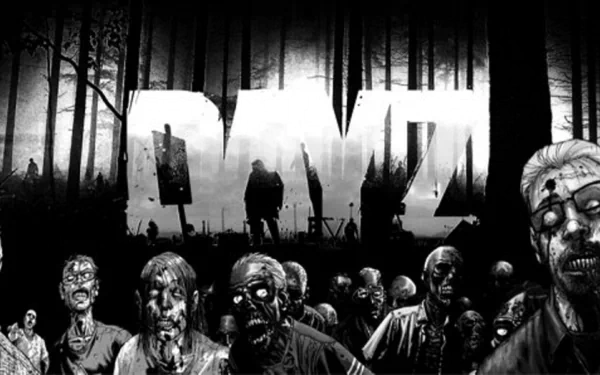 Black-and-white HD PC desktop wallpaper for the video game Arma 2: DayZ Mod: silhouetted survivor before a giant DAYZ logo, surrounded by a horde of undead in a dark forest.