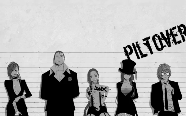 HD desktop wallpaper featuring League of Legends characters Jayce, Ezreal, Caitlyn, Jinx, and Vi in a monochrome lineup with PILTOVER graffiti in the background.