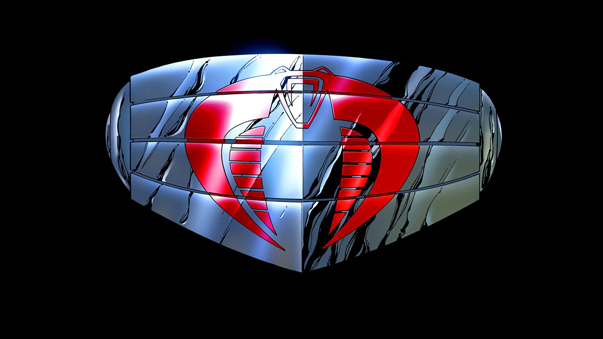 HD PC desktop wallpaper featuring a stylized G.I. Joe comic emblem with a metallic, segmented design and a prominent red cobra symbol split across the center.