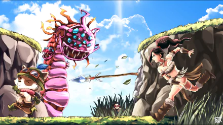 Vayne, Nidalee, and Teemo engage in an epic battle against Baron Nashor in this vibrant League of Legends HD wallpaper, showcasing the game's dynamic art style.