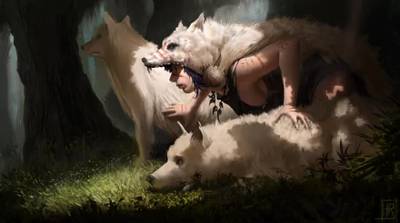 A fantasy scene featuring a woman wearing a wolf headdress, crouched among two white wolves in a mystical forest, set as a stunning 4K Ultra HD desktop wallpaper.