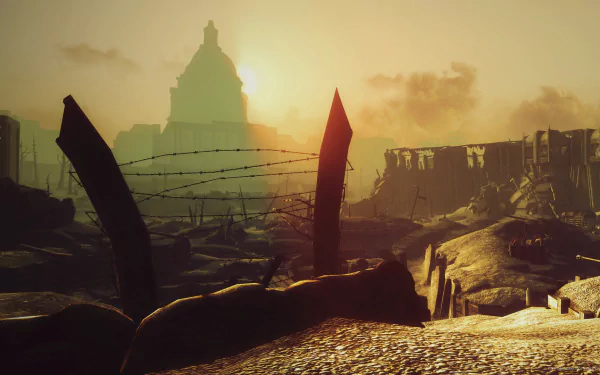 HD PC desktop wallpaper from the video game Fallout 3, featuring a post-apocalyptic landscape with barbed wire and a distant ruined building silhouetted against a hazy sky.
