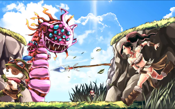 Vayne, Nidalee, and Teemo engage in an epic battle against Baron Nashor in this vibrant League of Legends HD wallpaper, showcasing the game's dynamic art style.
