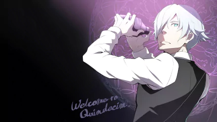 HD desktop wallpaper featuring Decim from Death Parade, with white hair and blue eyes, holding a bottle. Welcome to Quindecim is written on the left side against a dark background.