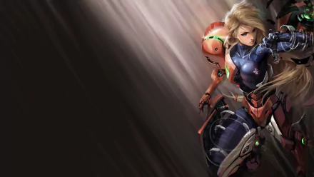 A dynamic HD desktop wallpaper featuring Samus Aran from Metroid: Samus Returns, showcasing her iconic armor and fierce stance against a striking backdrop.