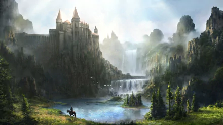 A stunning HD wallpaper from The Elder Scrolls V: Skyrim, depicting a majestic castle surrounded by lush greenery and cascading waterfalls under a serene sky.
