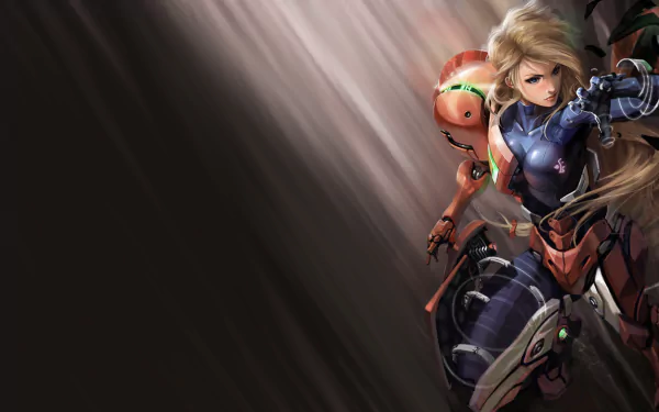 A dynamic HD desktop wallpaper featuring Samus Aran from Metroid: Samus Returns, showcasing her iconic armor and fierce stance against a striking backdrop.