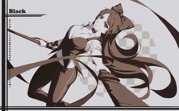 A stylish HD wallpaper featuring Blake Belladonna from the anime RWBY, showcasing her iconic look with flowing hair and a striking pose against a minimalist background.