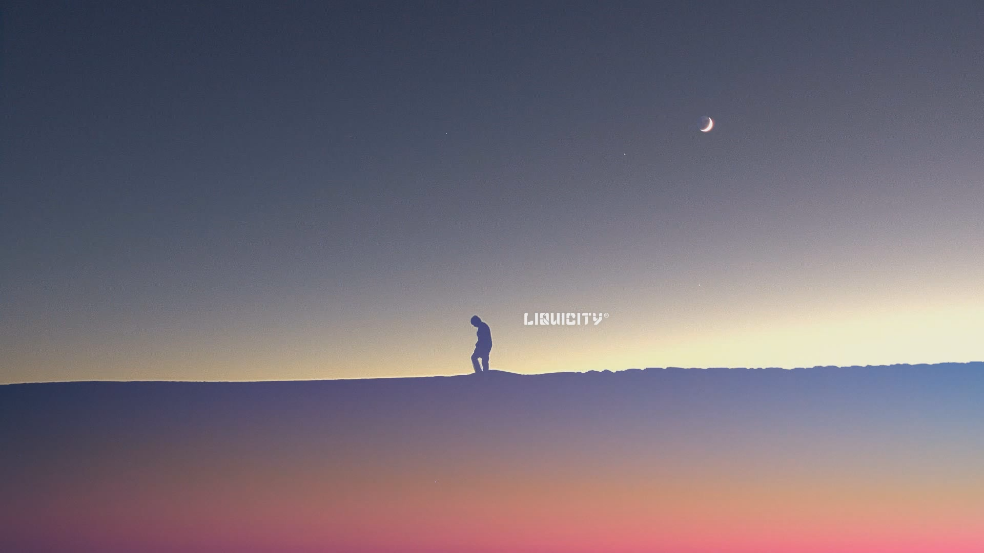HD PC desktop wallpaper featuring a lone figure walking under a crescent moon against a gradient sky, with the word Liquicity highlighting the music theme.