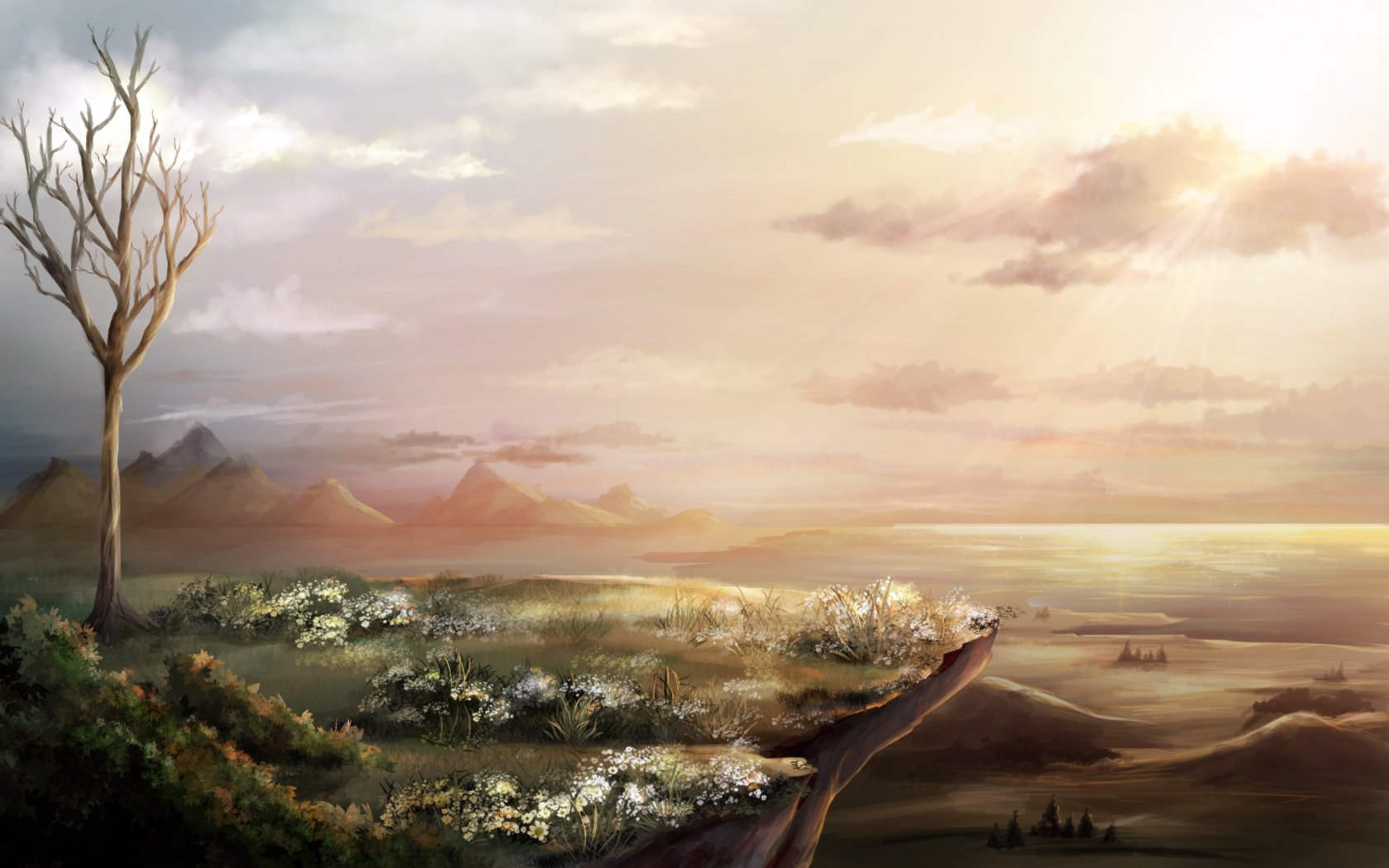 A serene anime landscape featuring a lone tree, rolling hills, and a tranquil sunset, creating a captivating atmosphere for this HD PC desktop wallpaper.