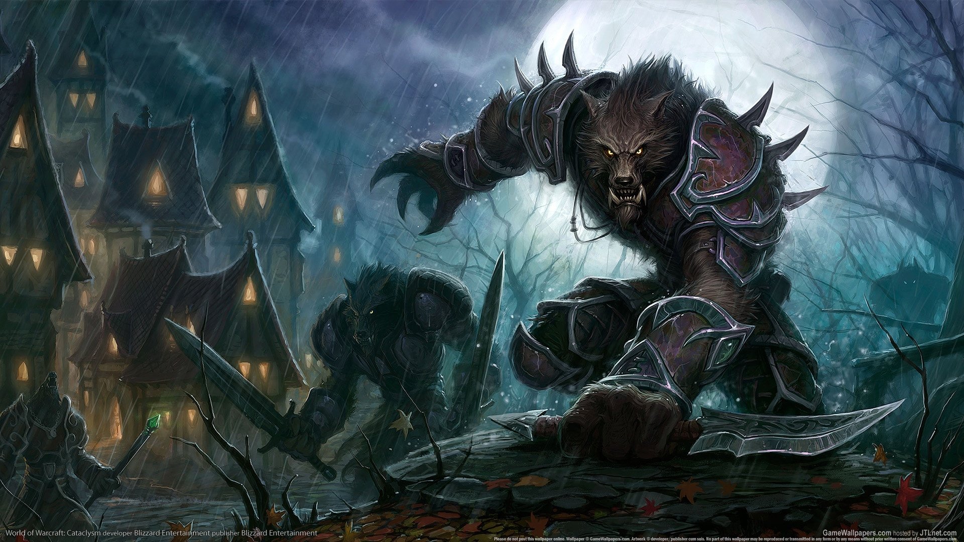 HD PC desktop wallpaper depicting a fierce werewolf-like creature from the video game World of Warcraft, set against a dark, eerie village backdrop.