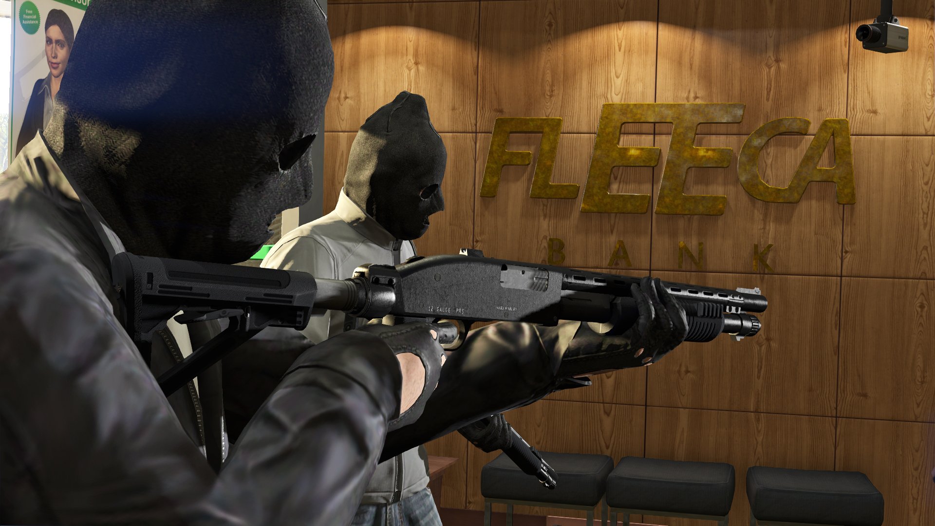 HD PC wallpaper featuring a tense heist scene from the video game Grand Theft Auto V, showing armed characters inside the Fleeca bank.