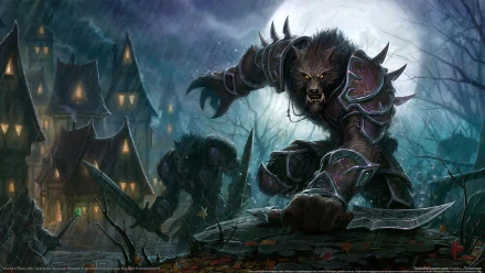 HD PC desktop wallpaper depicting a fierce werewolf-like creature from the video game World of Warcraft, set against a dark, eerie village backdrop.