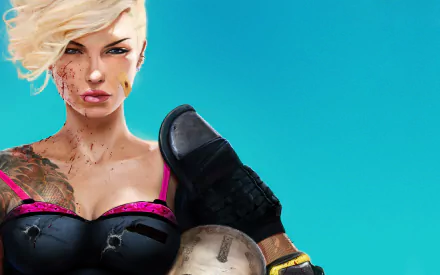 Comic-style HD PC desktop wallpaper from Last Man Standing: Killbook of a Bounty Hunter showing a tough blonde bounty hunter with tattoos, blood spatters and a boot against a turquoise background.