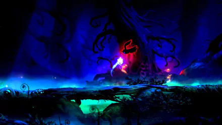 HD desktop wallpaper from 'Ori and the Blind Forest' featuring the game's ethereal art style with vivid colors and mystical forest backdrop.