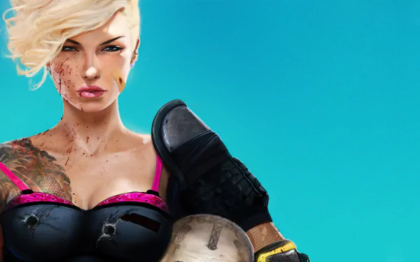 Comic-style HD PC desktop wallpaper from Last Man Standing: Killbook of a Bounty Hunter showing a tough blonde bounty hunter with tattoos, blood spatters and a boot against a turquoise background.