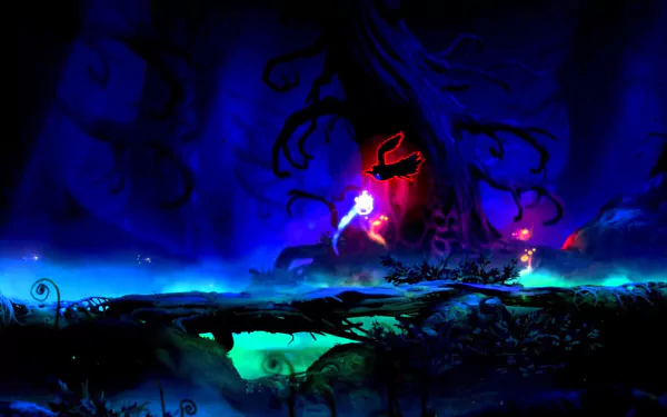 HD desktop wallpaper from 'Ori and the Blind Forest' featuring the game's ethereal art style with vivid colors and mystical forest backdrop.