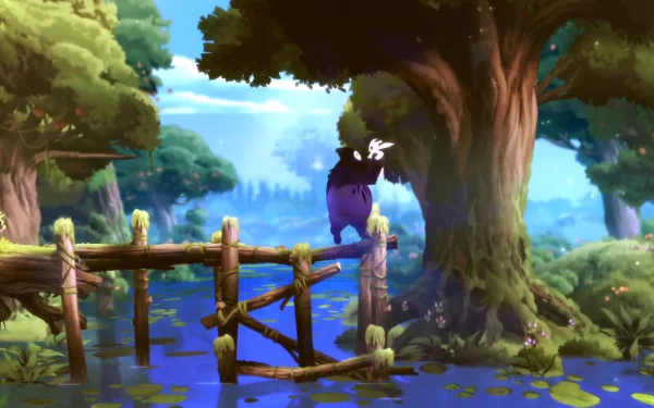 HD desktop wallpaper from Ori and the Blind Forest, showcasing a vibrant forest scene with a whimsical character by a serene body of water and lush greenery.