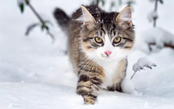A fluffy cat with striking whiskers explores a snowy winter landscape, captured in an HD desktop wallpaper. The charming scene highlights the beauty of nature and playful animals.